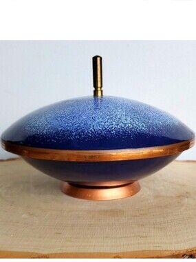 Mid Century Vintage Copper Cobalt Blue Enameled Covered Candy Dish West Germany